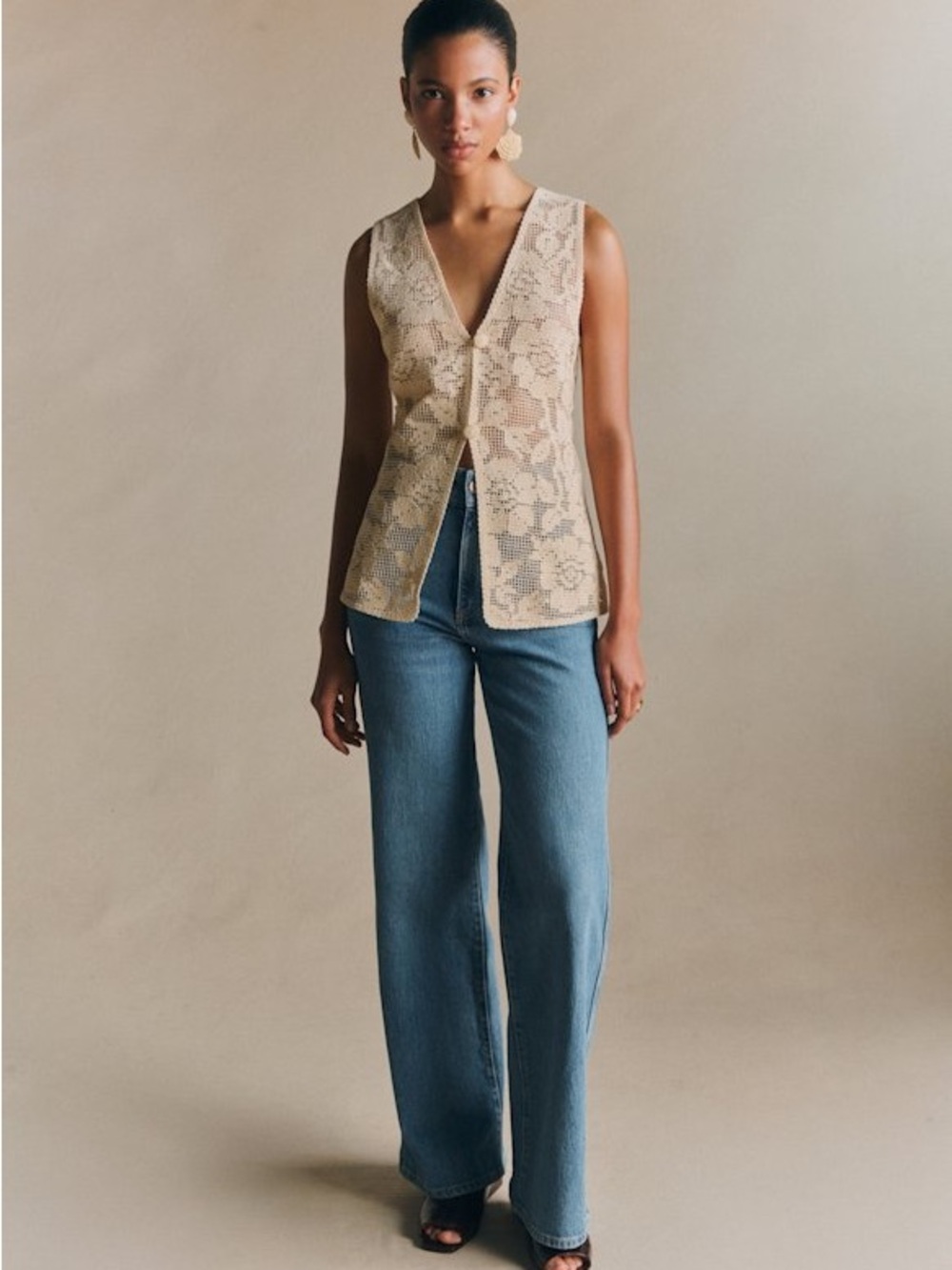 Sezane Beige Crochet V-Neck Sleeveless Tank - Picture 2 of 3